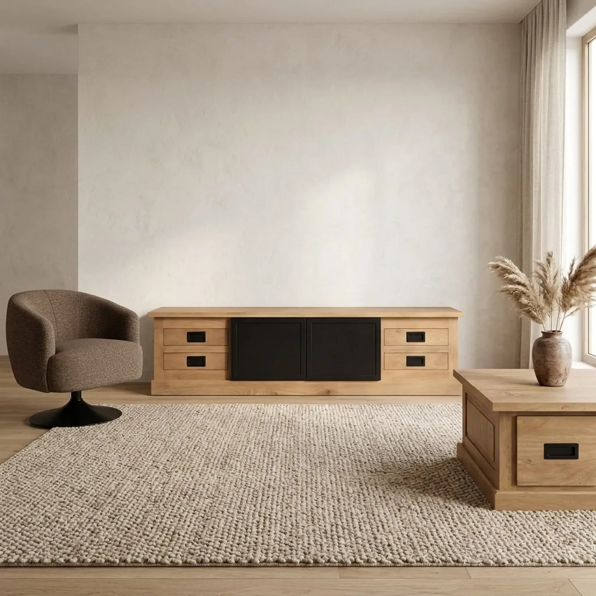 TV-Möbel Noa Natur Mangoholz 200 cm in einem stimmungsvollen Wohnzimmer mit Sessel und Teppich - Starfurn