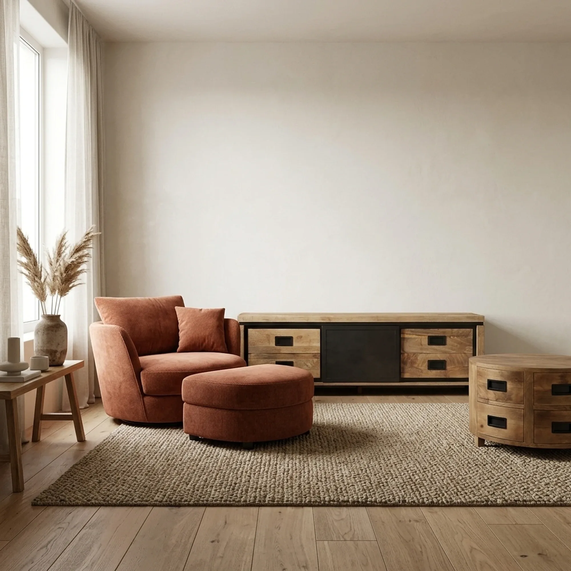 TV-Möbel Novelle in einem stimmungsvollen Wohnzimmer mit einem orangefarbenen Sessel und einem runden Beistelltisch - Benoa