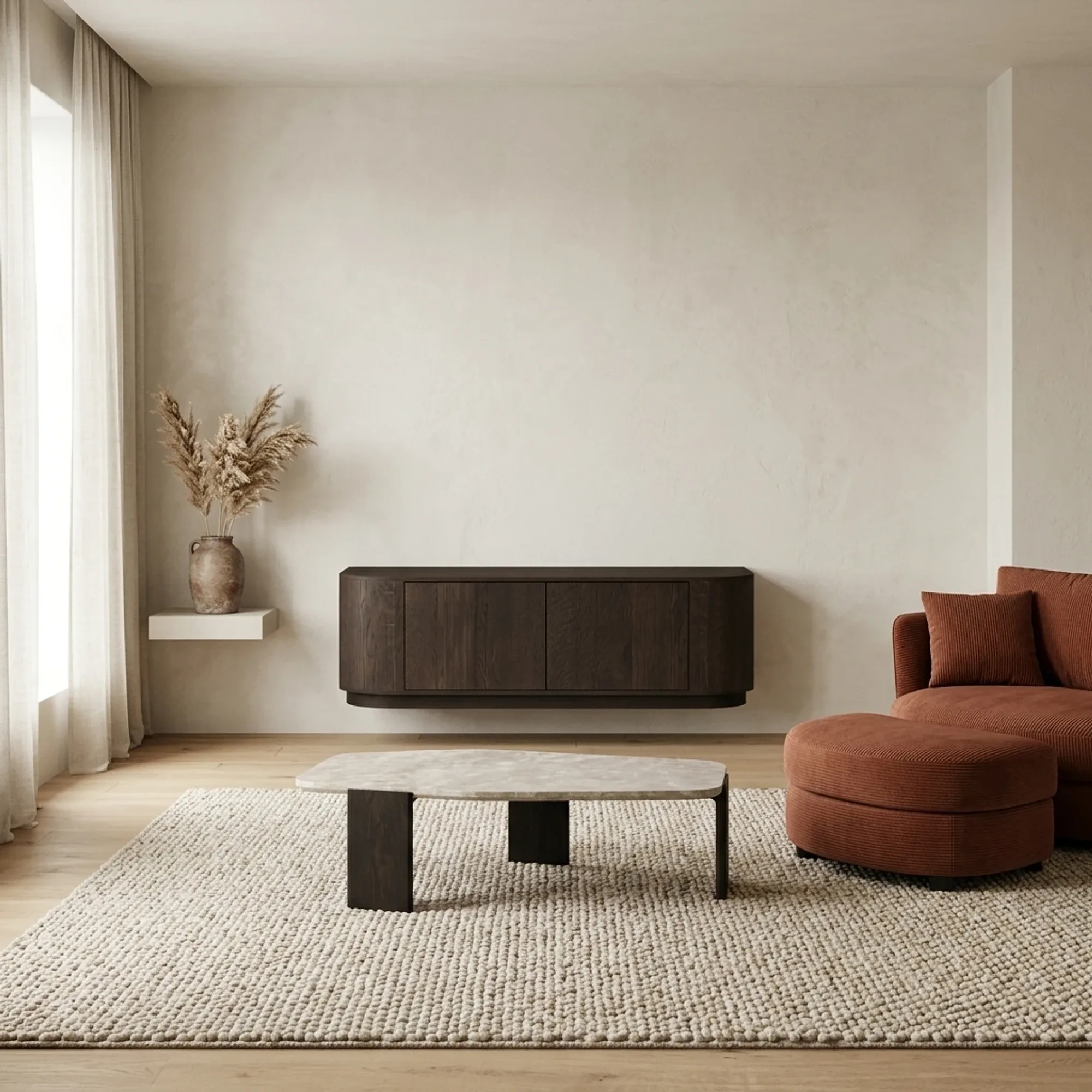 TV meubel Novero Espresso 140cm in een minimalistische woonkamer met bank, salontafel en vloerkleed - Livingfurn