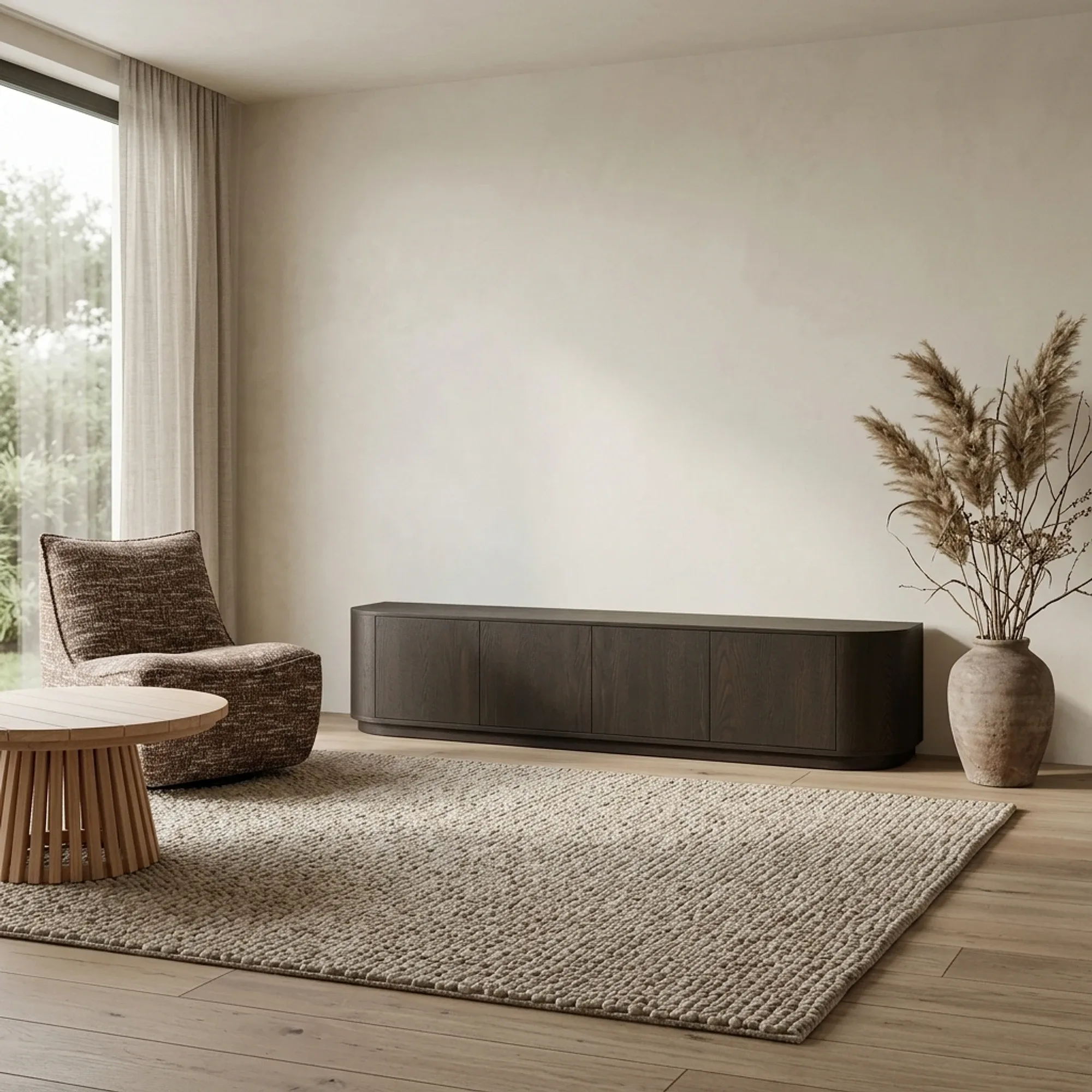 TV Meubel Novero Espresso 220cm in een lichte woonkamer met fauteuil, vloerkleed en salontafel - Livingfurn