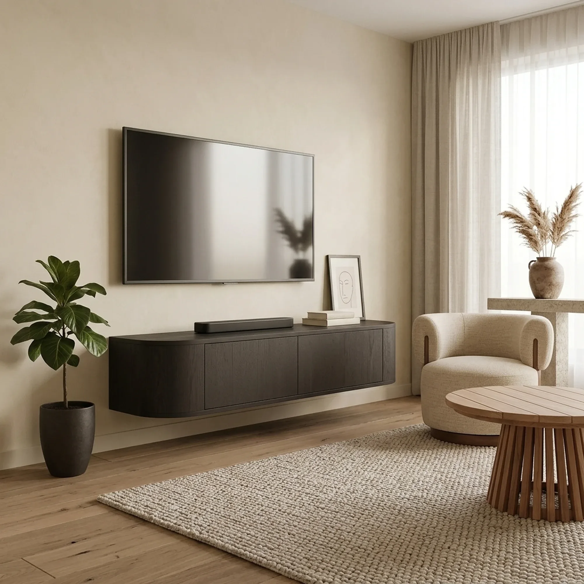 TV-Möbel Novero Espresso Schwebend 140cm in einem modernen Wohnzimmer mit Pflanze und Sessel - Livingfurn