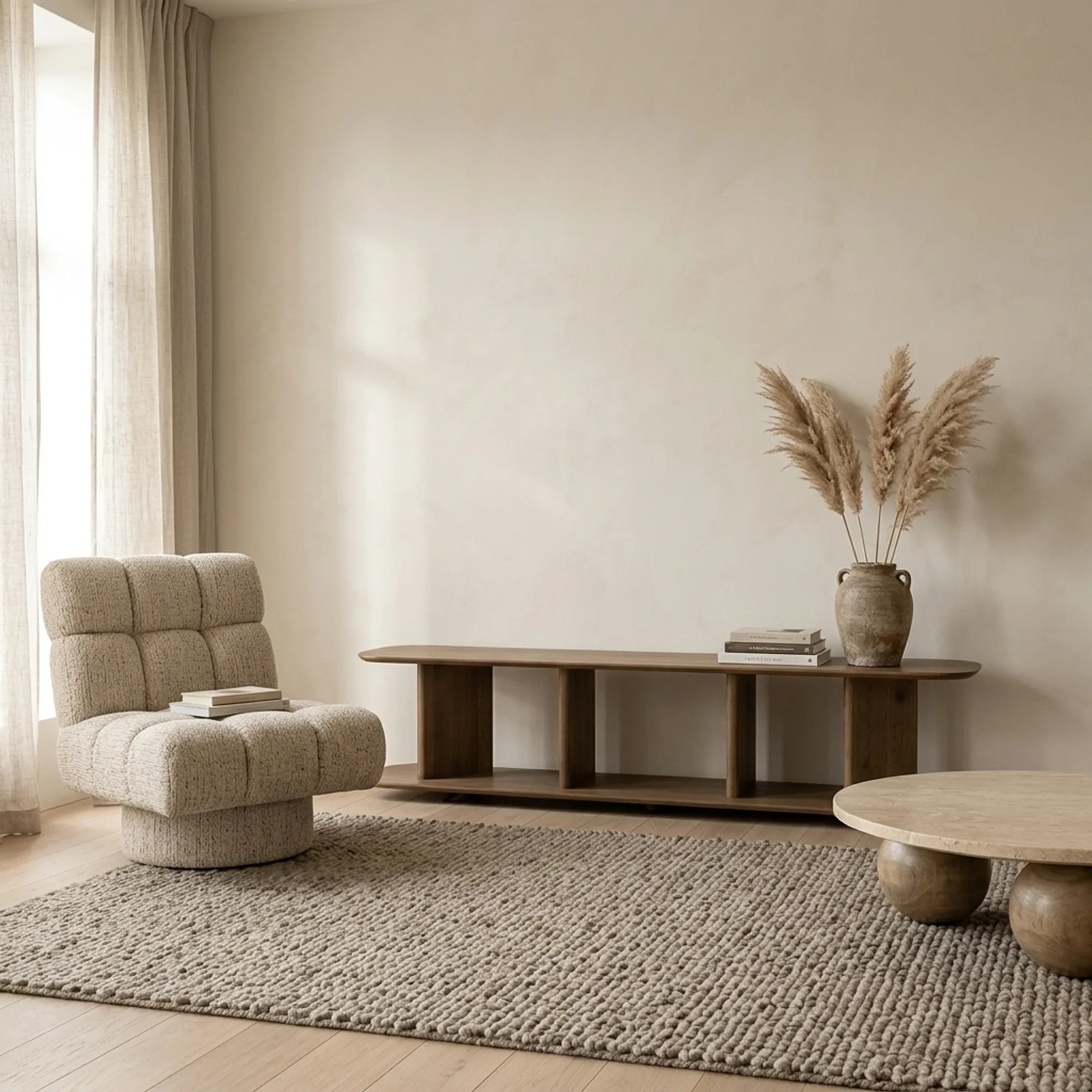 TV-Möbel Ty Eiche in einem hellen Wohnzimmer mit einem Sessel und Teppich - Eleonora