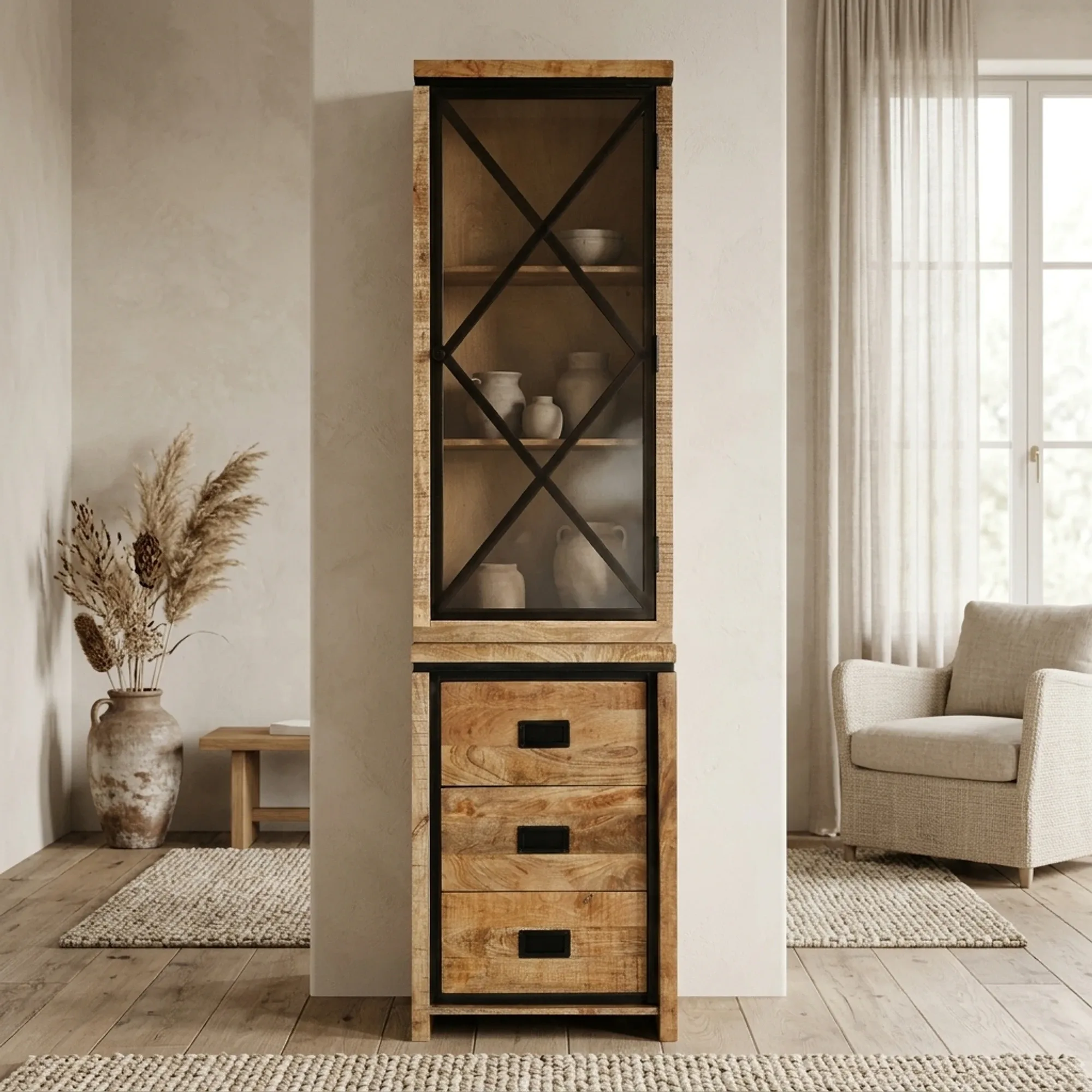 Vitrinenschrank Novelle in einem hellen Wohnzimmer mit einem Sessel, Teppichen und einer Vase mit Federn - Benoa