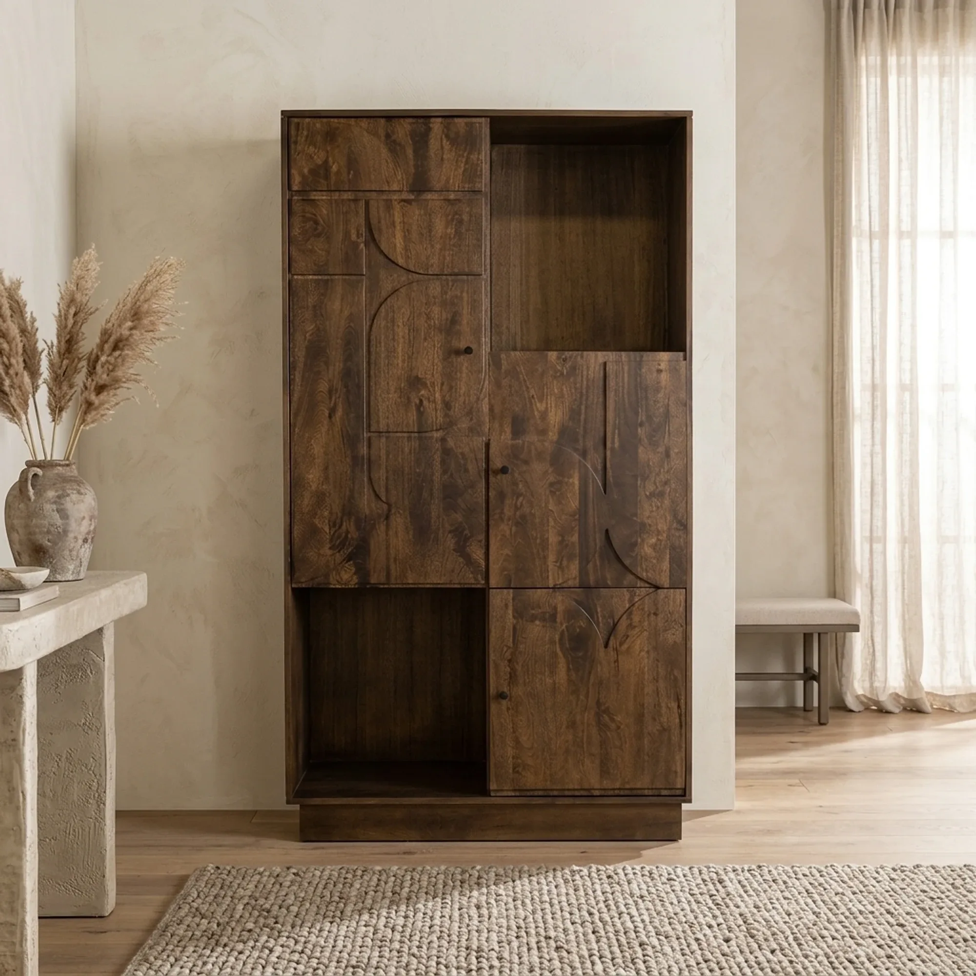 Wall cabinet 180 with 3 doors and 2 open compartments, Mango Brown Walnut - My Sons