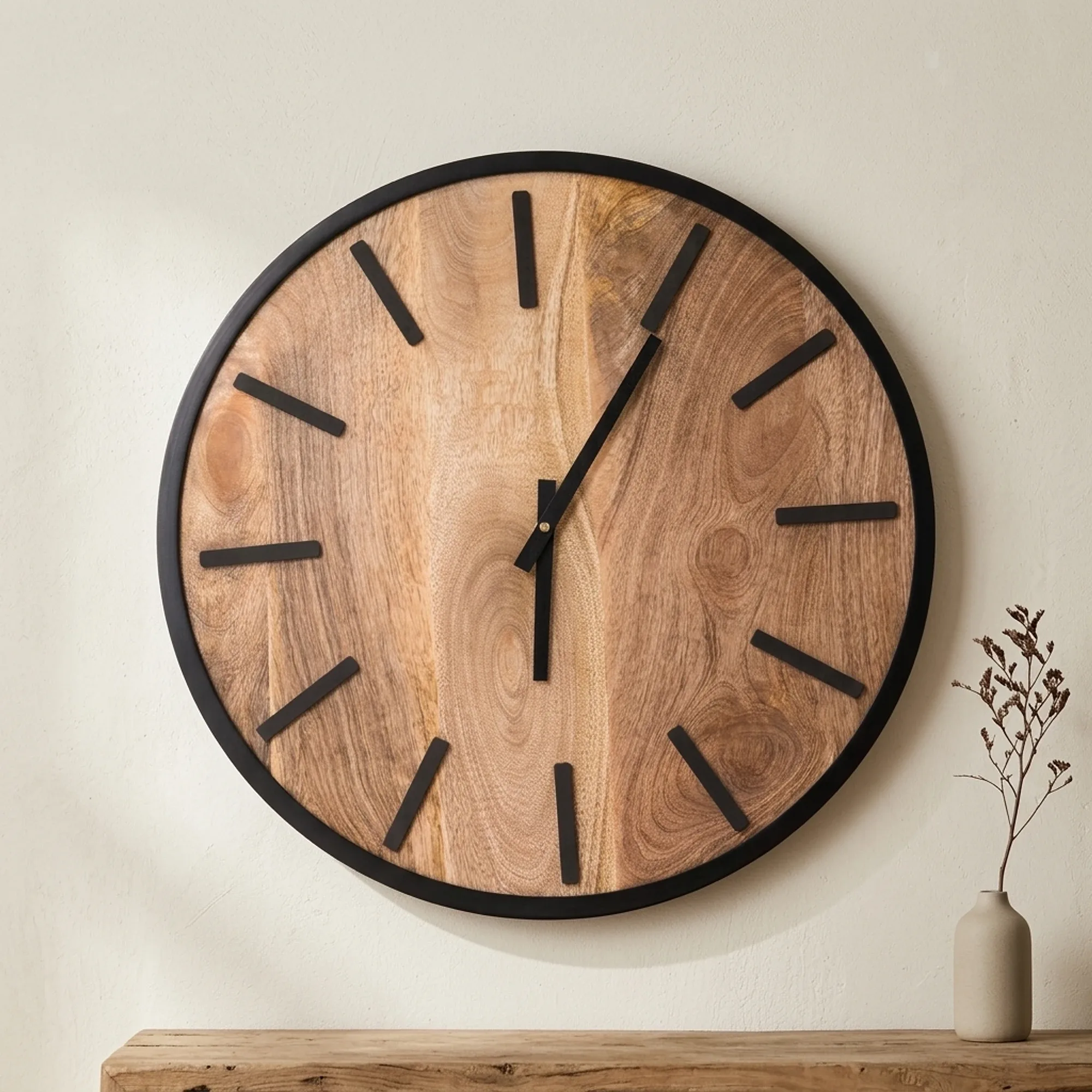 Wanduhr Mango Klein mit schwarzem Rand und Zeigern, hängt über einem Sideboard aus Holz mit Vase - Benoa