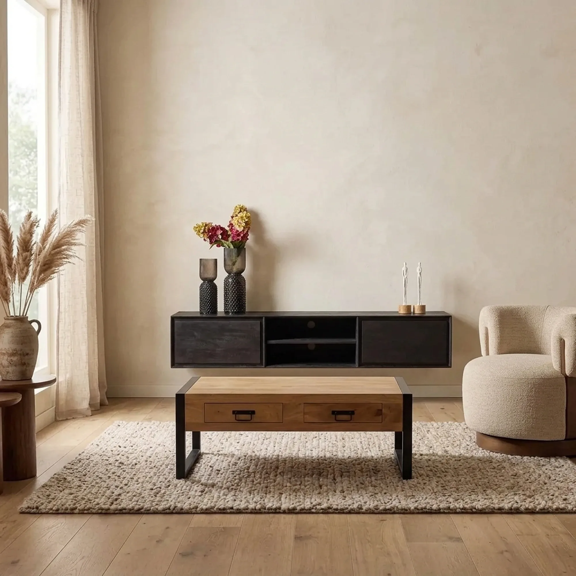 Schwebendes TV-Möbel Ambiance Black 160 cm in einem stimmungsvollen Wohnzimmer mit Couchtisch und Sessel - Starfurn