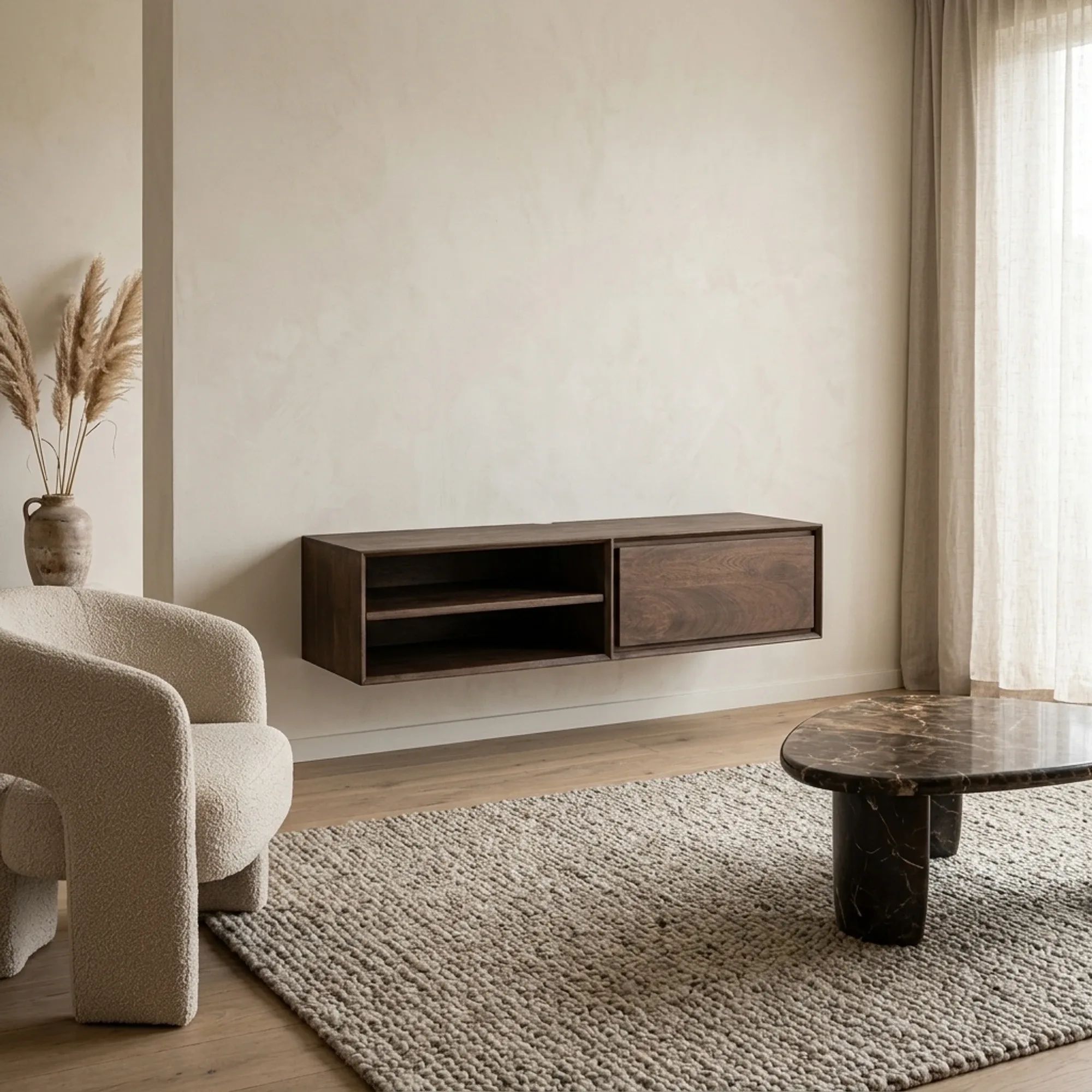 Schwebendes TV-Möbel Ambiance Brown in einem modernen Wohnzimmer mit beigem Sessel und Teppich - Starfurn