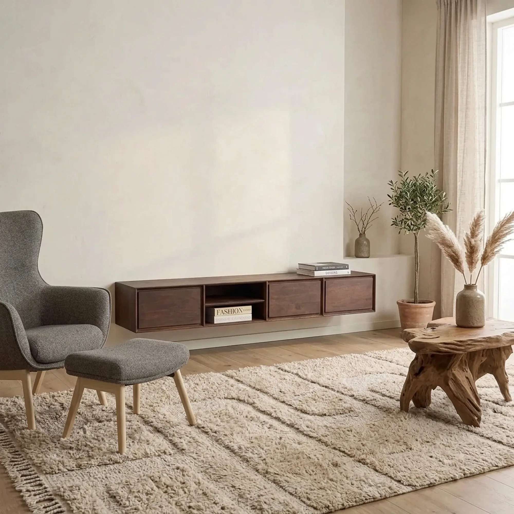 Schwebendes TV-Möbel Ambiance Brown 200 cm in einem stimmungsvollen Wohnzimmer mit Sessel und Teppich - Starfurn