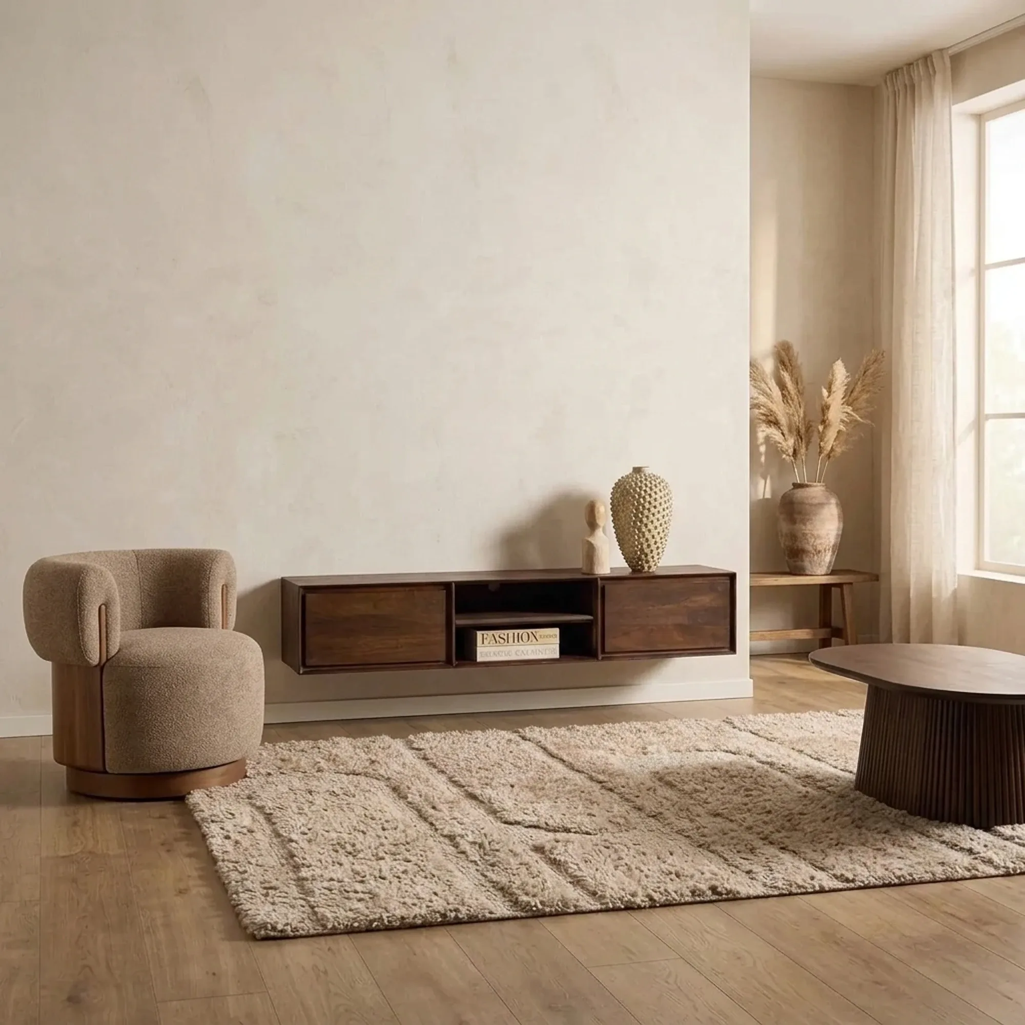Schwebendes TV-Möbel Ambiance Brown 160 cm in einem stimmungsvollen Wohnzimmer mit Sessel und Teppich - Starfurn