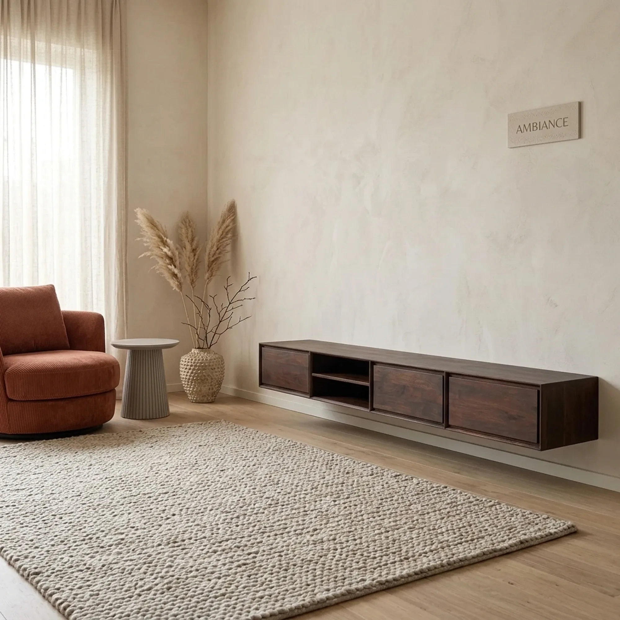 Schwebendes TV-Möbel Ambiance Brown in einem hellen Wohnzimmer mit Sessel, Teppich und Pampasgras - Starfurn