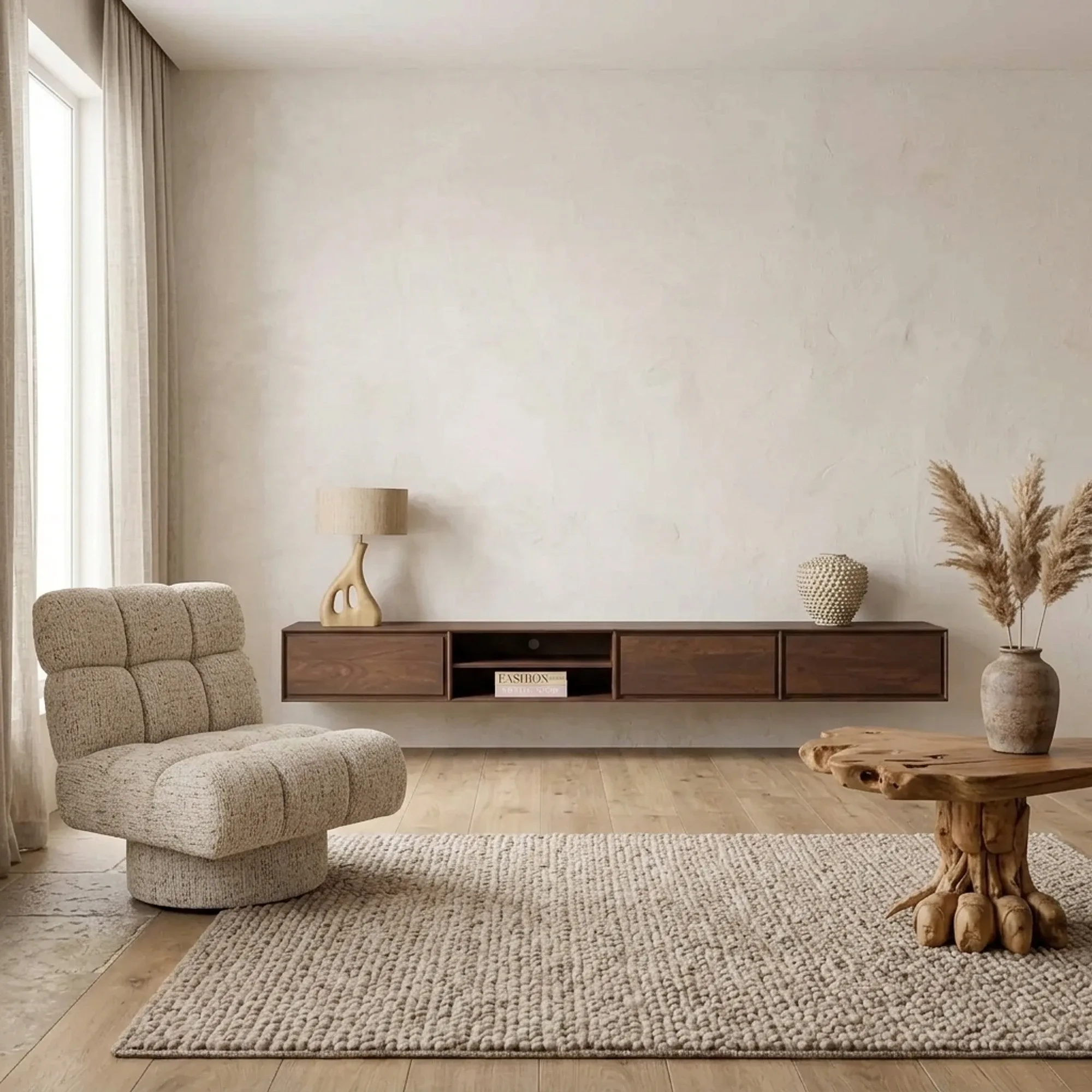 Schwebendes TV-Möbel Ambiance Brown 280 cm in einem hellen Wohnzimmer mit Sessel und Teppich - Starfurn