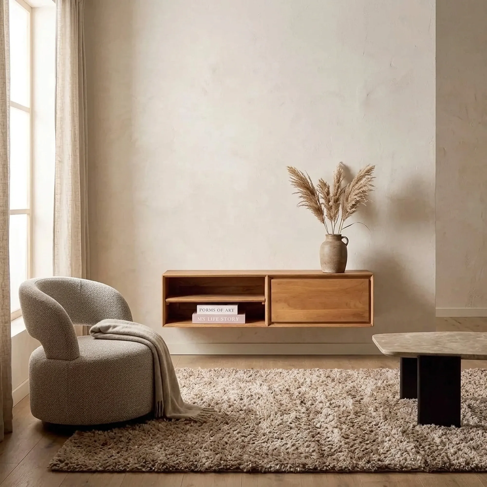 Schwebendes TV-Möbel Ambiance Naturel in einem hellen Wohnzimmer mit Sessel und Teppich - Starfurn