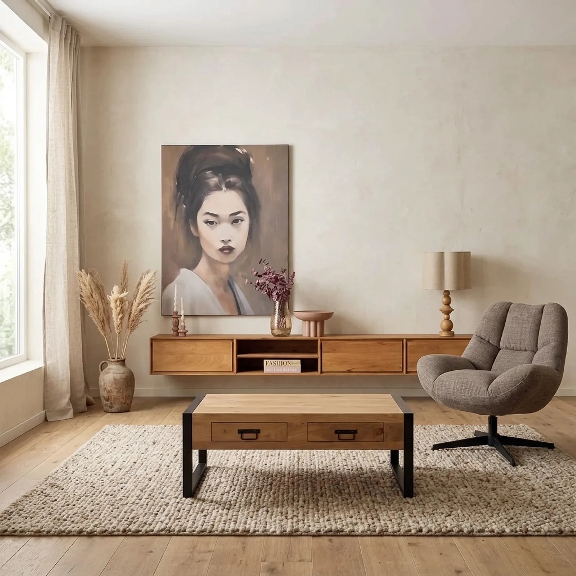 Schwebendes TV-Möbel Ambiance Naturel in einem hellen Wohnzimmer mit einem Gemälde und einem Sessel - Starfurn