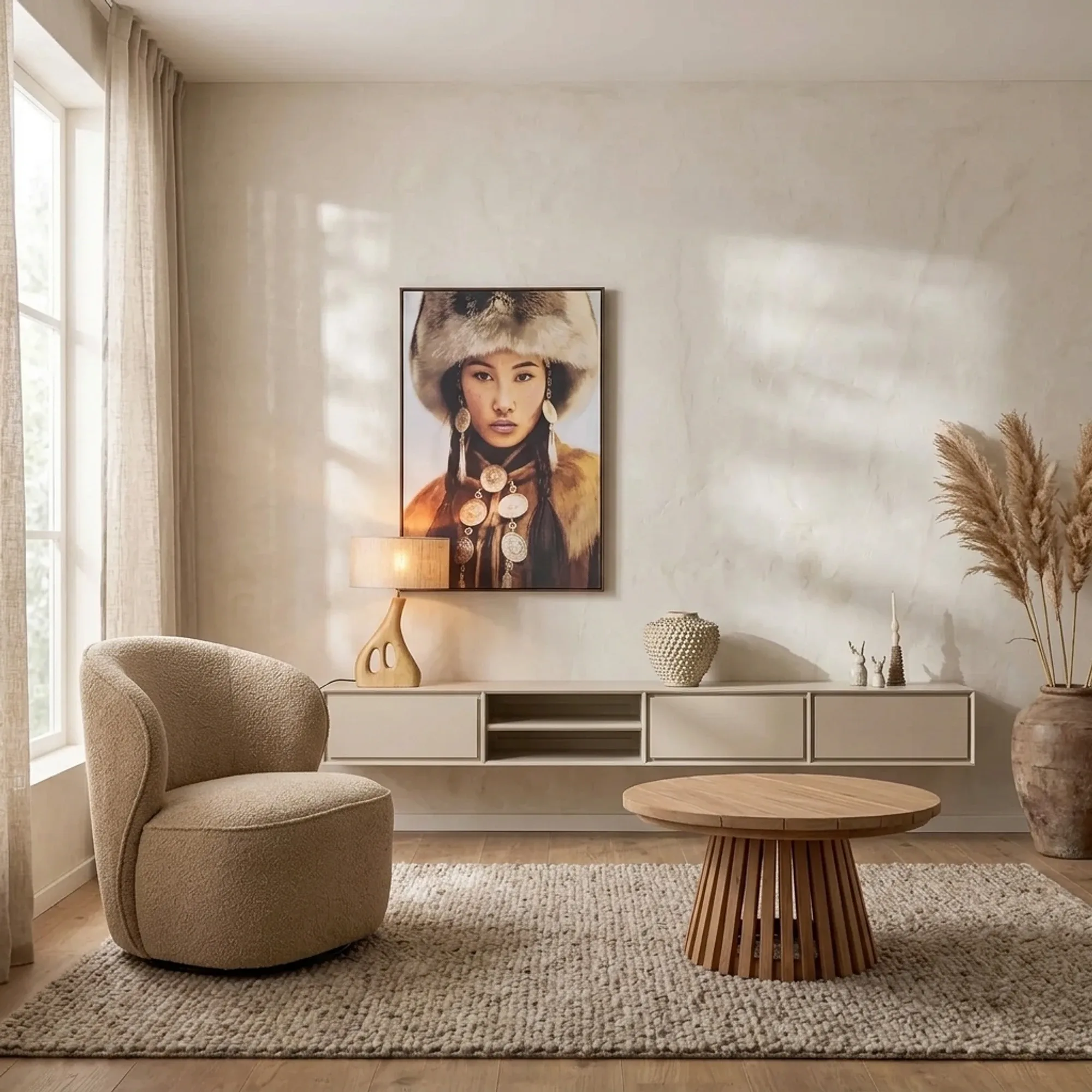 Das schwebende TV-Möbel Ambiance Sand 240 cm in einem stimmungsvollen Wohnzimmer mit Sessel und Couchtisch - Starfurn