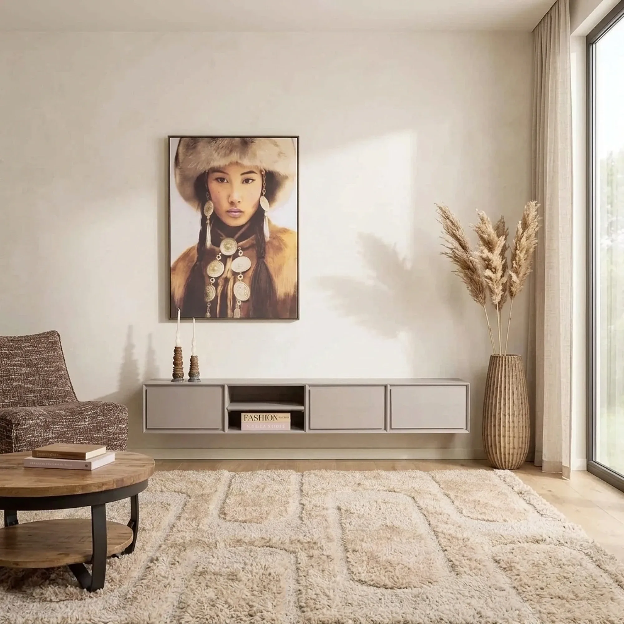 Schwebendes TV-Möbel Ambiance Taupe 200 cm in einem stimmungsvollen Wohnzimmer mit Kunst und Dekoration - Starfurn
