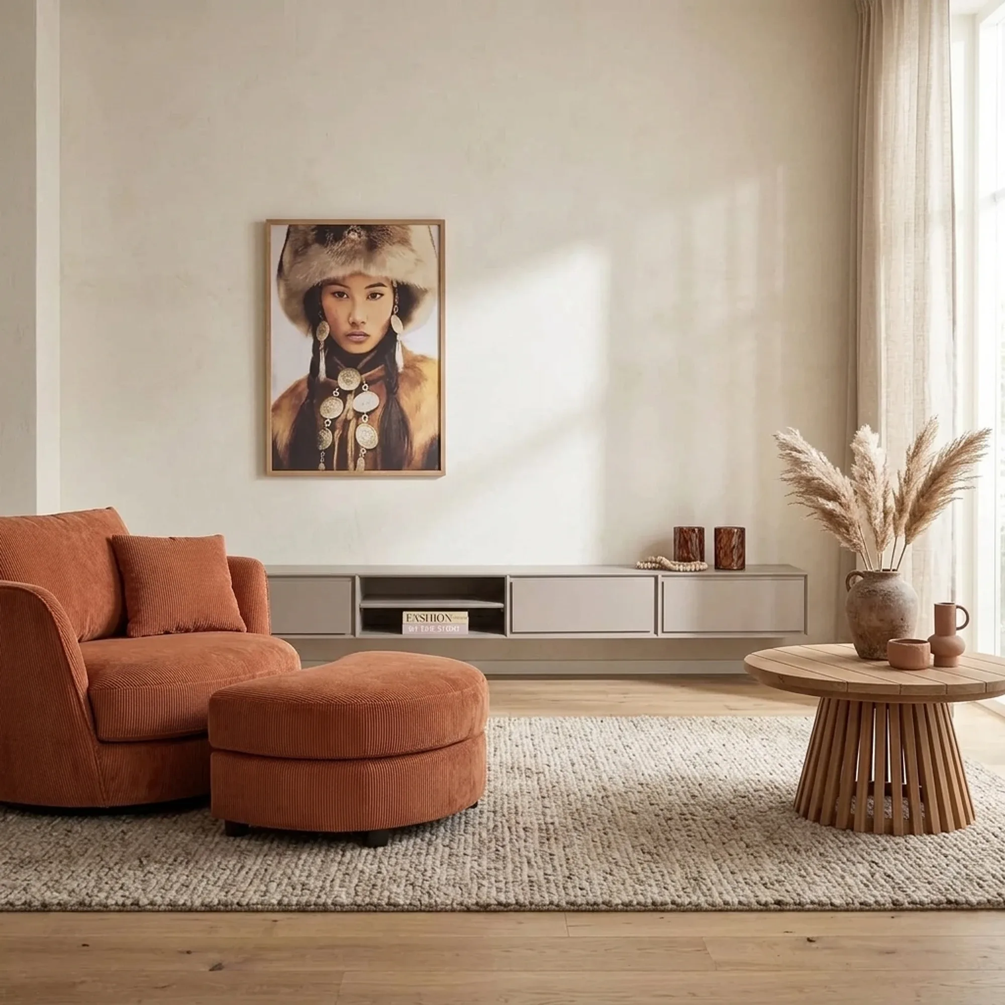 Schwebendes TV-Möbel Ambiance Taupe in einem stimmungsvollen Wohnzimmer mit orangefarbenem Sessel und Holztisch - Starfurn