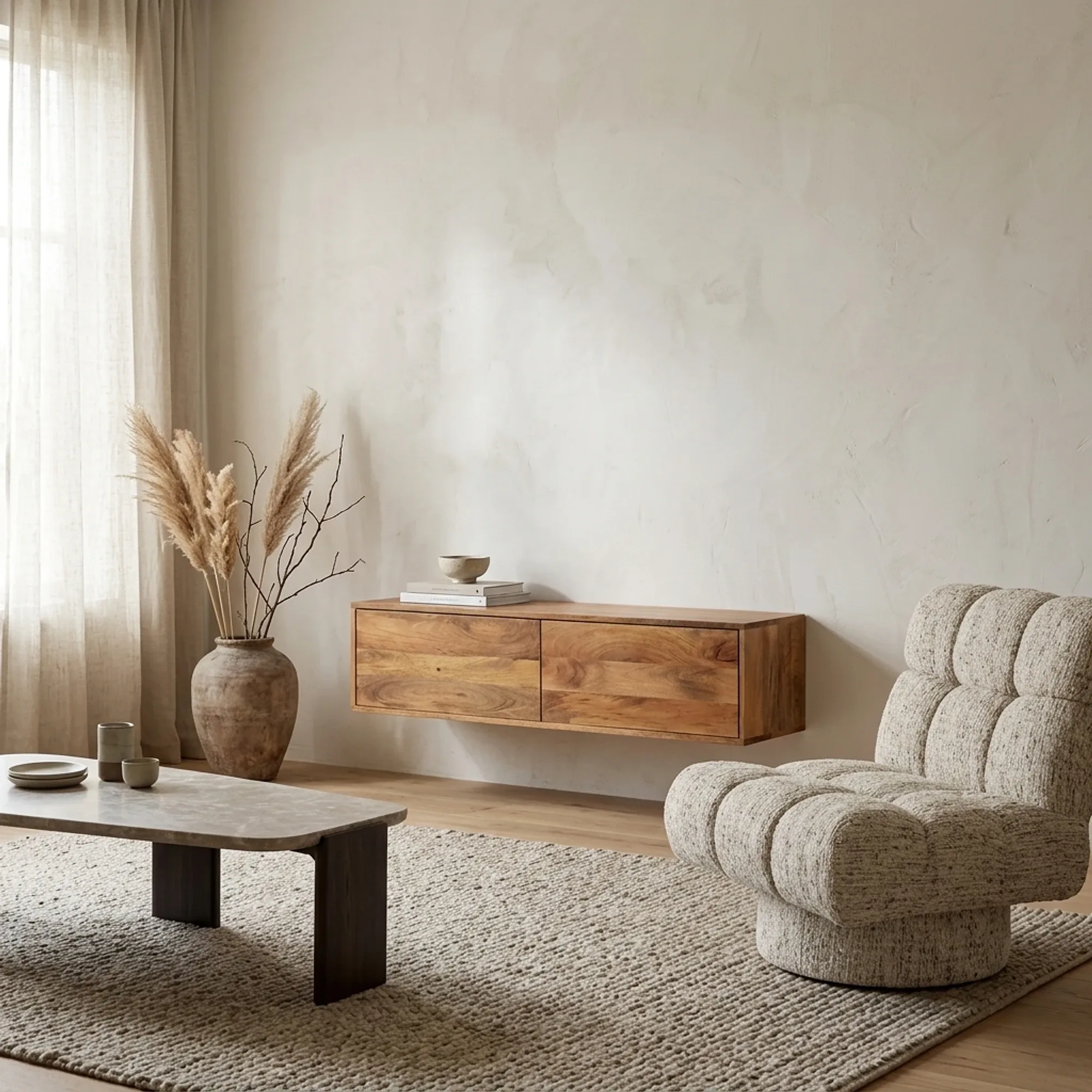 Zwevend tv meubel Vision Natural 120 cm in een lichte woonkamer met een fauteuil en salontafel - Starfurn