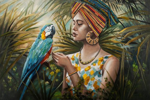 Cuadro Mujer con loro azul - Hiskiart