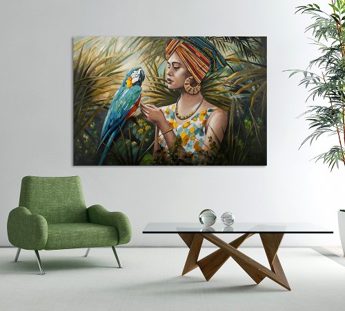 Cuadro Mujer con loro azul - Hiskiart