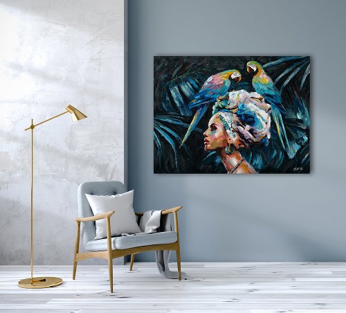Cuadro Beauty con dos loros azules - Hiskiart