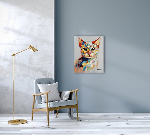 Schilderij Kat in bonte kleuren - Hiskiart