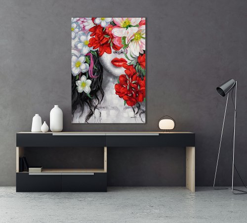 Schilderij Beauty achter bloemen - Hiskiart