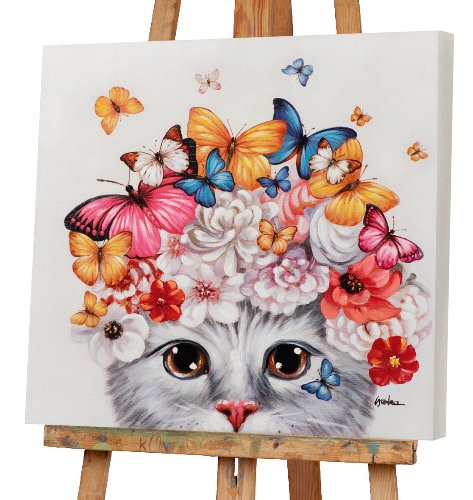 Schilderij Kat tussen bloemen en vlinders - Hiskiart