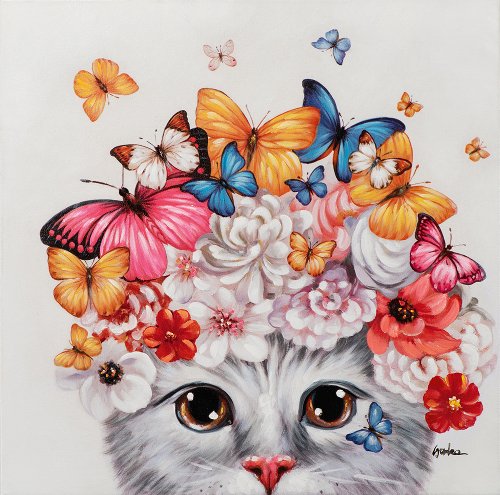Schilderij Kat tussen bloemen en vlinders - Hiskiart