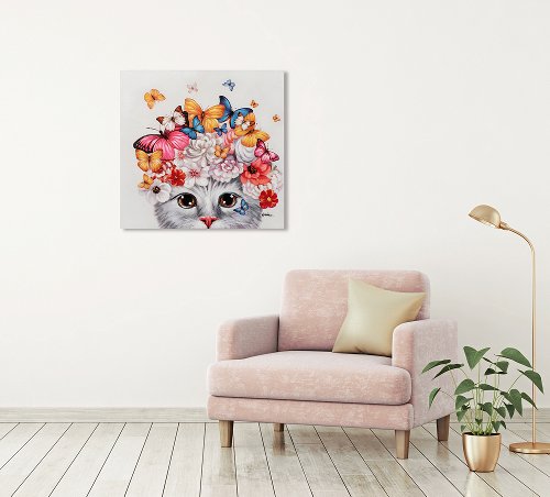 Schilderij Kat tussen bloemen en vlinders - Hiskiart