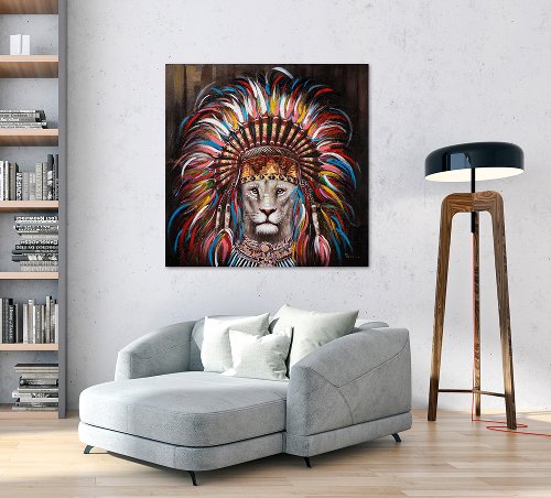 Schilderij Leeuw met verentooi - Hiskiart