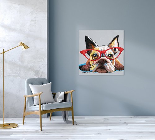 Schilderij Hond met rode bril - Hiskiart