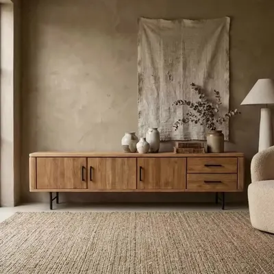 Breng warmte en karakter in je interieur met het TV-meubel Somo, gemaakt van massief teakhout van zware kwaliteit.