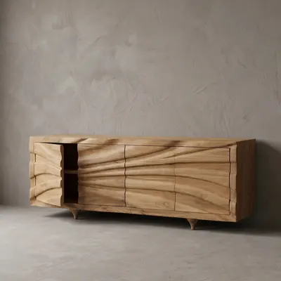 Dressoir Wave van onbehandeld teak, met horizontale golven over vier deuren, handgemaakt in Indonesië.