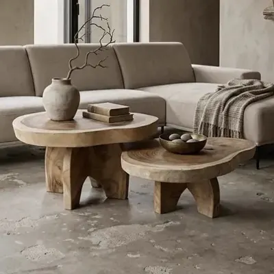 Deze salontafelset bestaat uit twee organisch gevormde tafels van massief suarhout, elk gesneden uit één stuk hout.