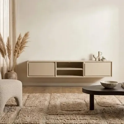 Zwevend tv meubel Ambiance Sand | 160 cm €399,0 Het zwevende tv-meubel Ambiance van Starfurn in zand brengt mangohout na