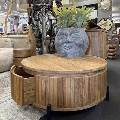 Salontafel Cortese Teak Ø100 cm: Rond met Lade en Zwarte Metalen Poten of houten poten https://mokana.nl/tafels/salontaf