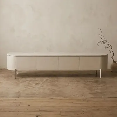 Ontdek het stijlvolle tv-meubel Excellent Sand, gemaakt van mangohout.