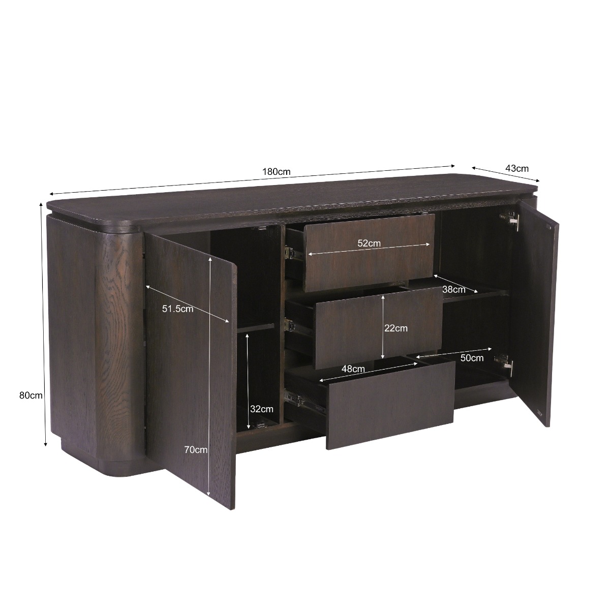 Sideboard Rivano Basalt 180cm (Eichenholz fineer, Braun) - Livingfurn