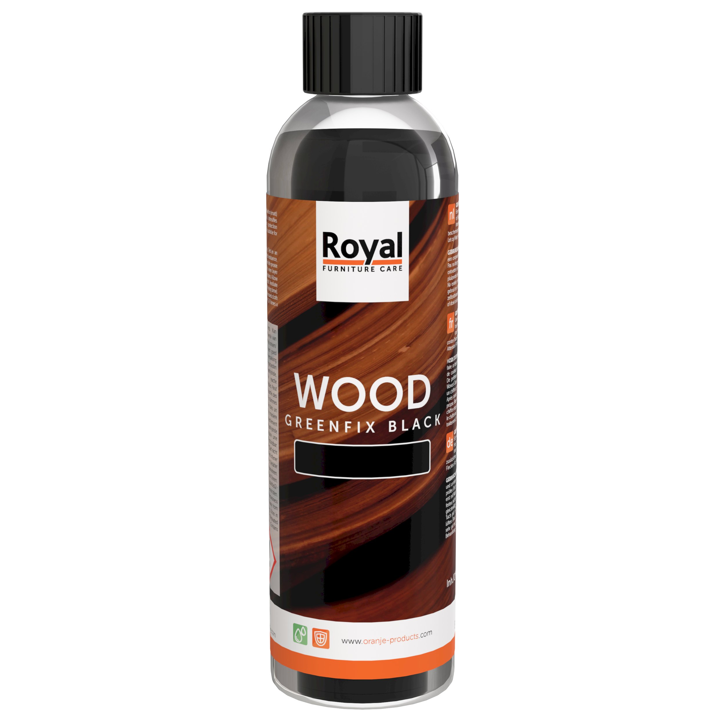 Flasche Greenfix Black von Oranje Furniture Care, mit einem dunkelbraunen Holzmaserungshintergrund auf dem Etikett