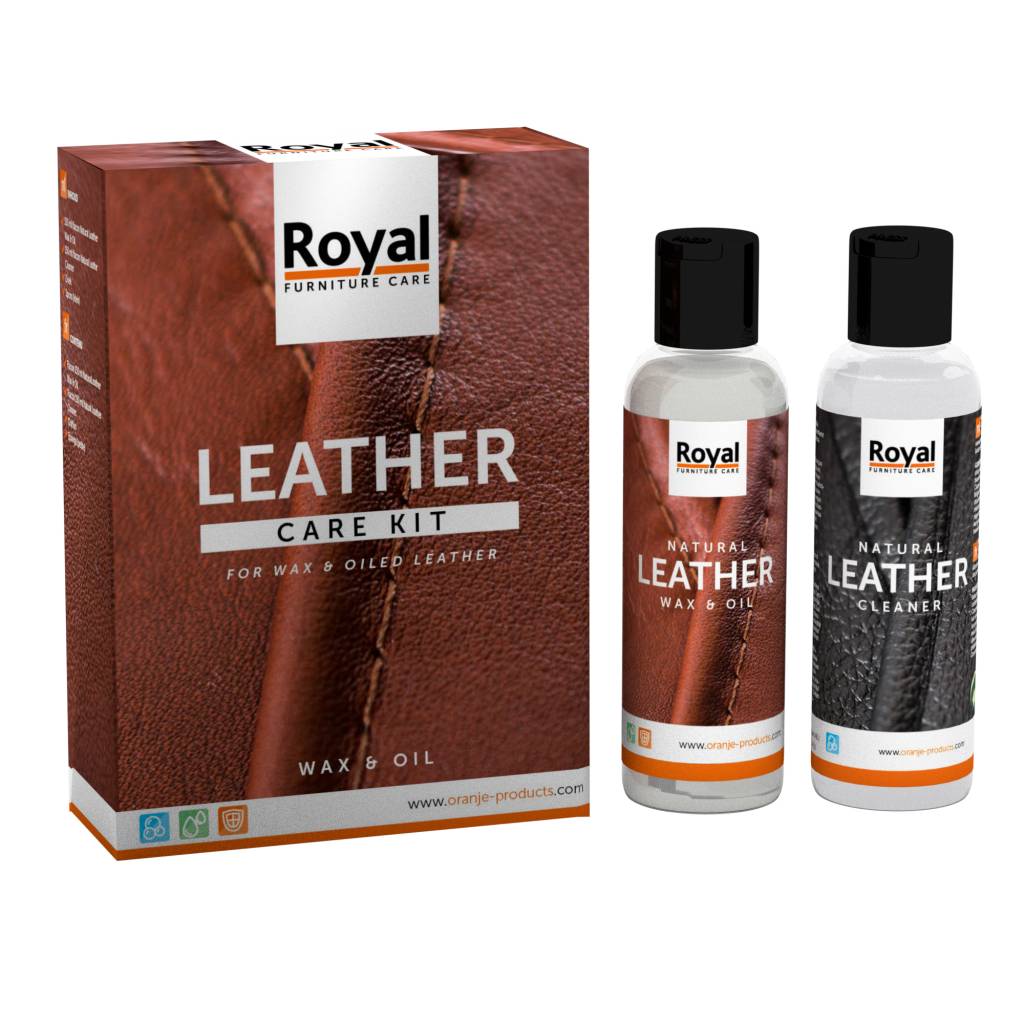 Ein Leather Care Kit Wax & Oil von Oranje Furniture Care, mit einer Box und zwei Flaschen auf weißem Hintergrund