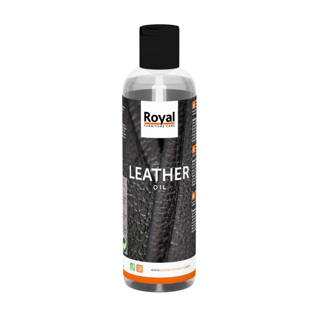 Eine Flasche Royal Furniture Care Leather Oil mit schwarzem Deckel auf weißem Hintergrund - Oranje Furniture Care