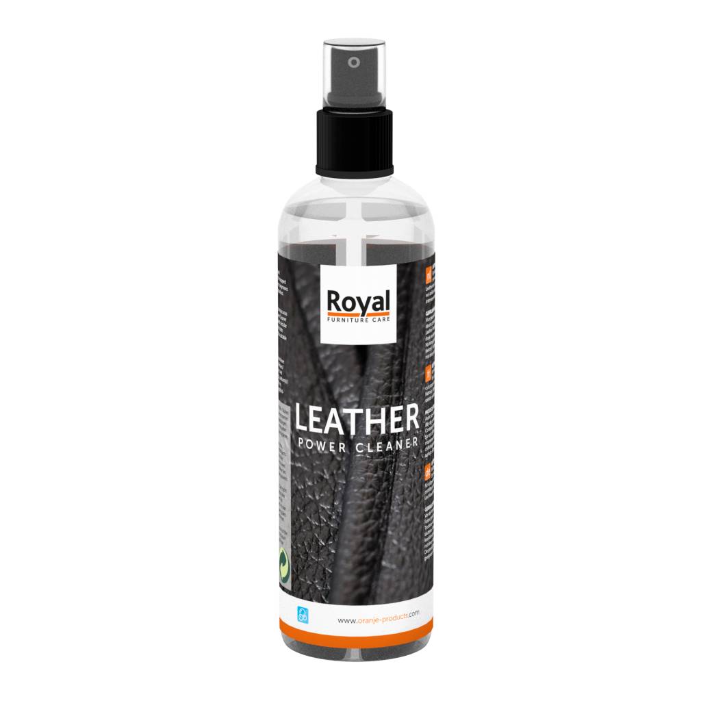 Eine Nahaufnahme der Leather Power Cleaner Sprühflasche von Royal Furniture Care auf weißem Hintergrund - Oranje Furniture Care