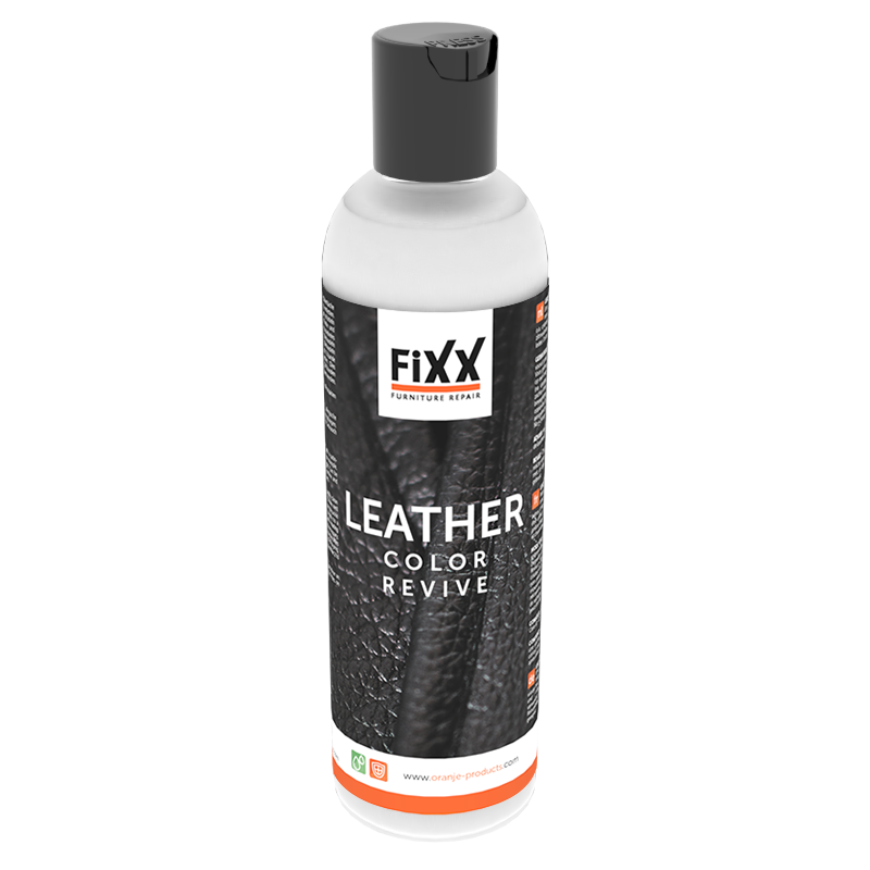 Flasche Oranje Furniture Care Leather Color Revive auf weißem Hintergrund, mit schwarzem Verschluss