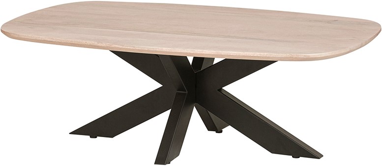 Couchtisch Dänisch oval 120, Mango Ashblond mit einem X-förmigen, schwarzen Metallgestell auf weißem Hintergrund - MySons