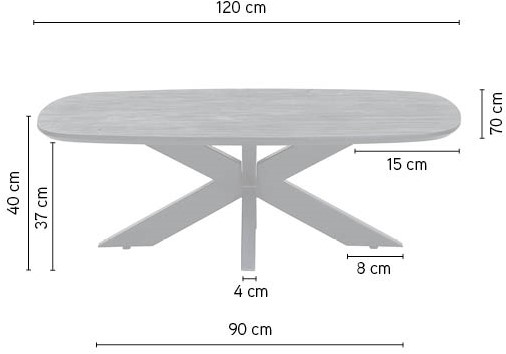 Couchtisch Dänisch oval 120, Acacia Black, mit Maßen des Tisches und der Beine auf weißem Hintergrund - MySons