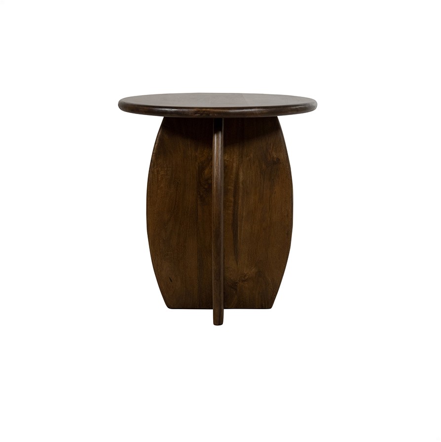 Beistelltisch Ø50, H55, Mango Brown Walnut, Belly Table Collection auf weißem Hintergrund, aus einer niedrigen Perspektive - MySons