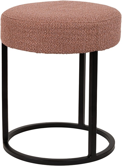 Escabel Hocker Rhythm Blush 93 auf weißem Hintergrund, mit einer runden Bouclé-Sitzfläche und schwarzen Metallbeinen - MySons