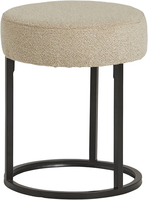 Escabel Hocker in Beige, mit einer runden Sitzfläche und einem schwarzen Metallgestell auf weißem Hintergrund - MySons