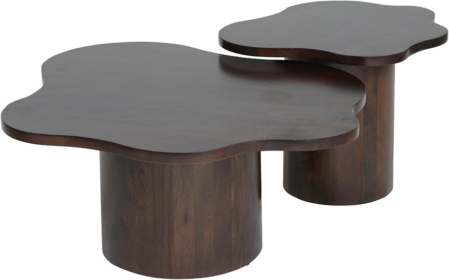 Zwei Fiore Beistelltisch 65, Mango Mango Brown Walnut, mit wellenförmigen Platten auf weißem Hintergrund - MySons