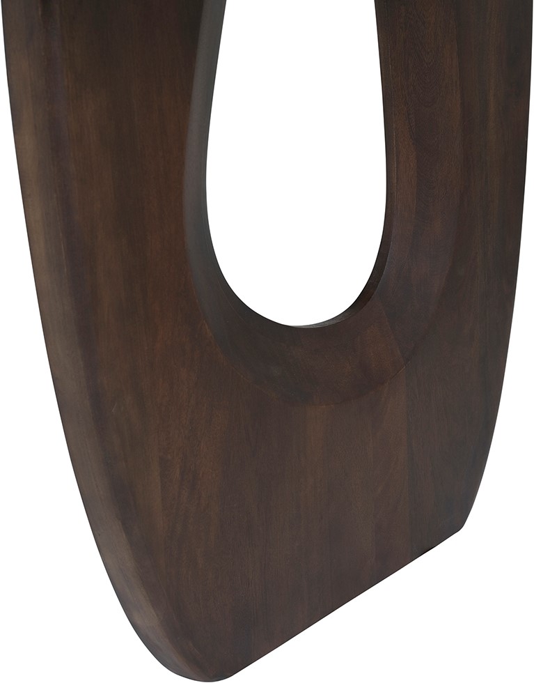 Detail des Esstisch 240, Mango Brown Walnut mit einem abstrakten, offenen Bein auf weißem Hintergrund - MySons